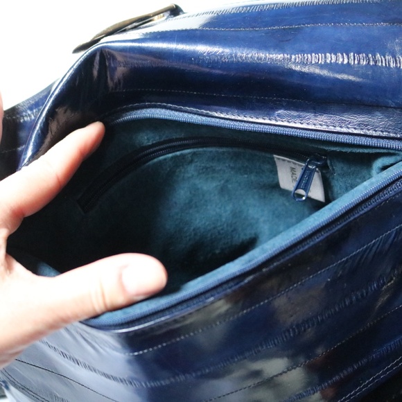 Vintage Genuine Eel Skin Leather Shoulder Crossbody Bag Purse Navy Blue 80s - Picture 7 of 11